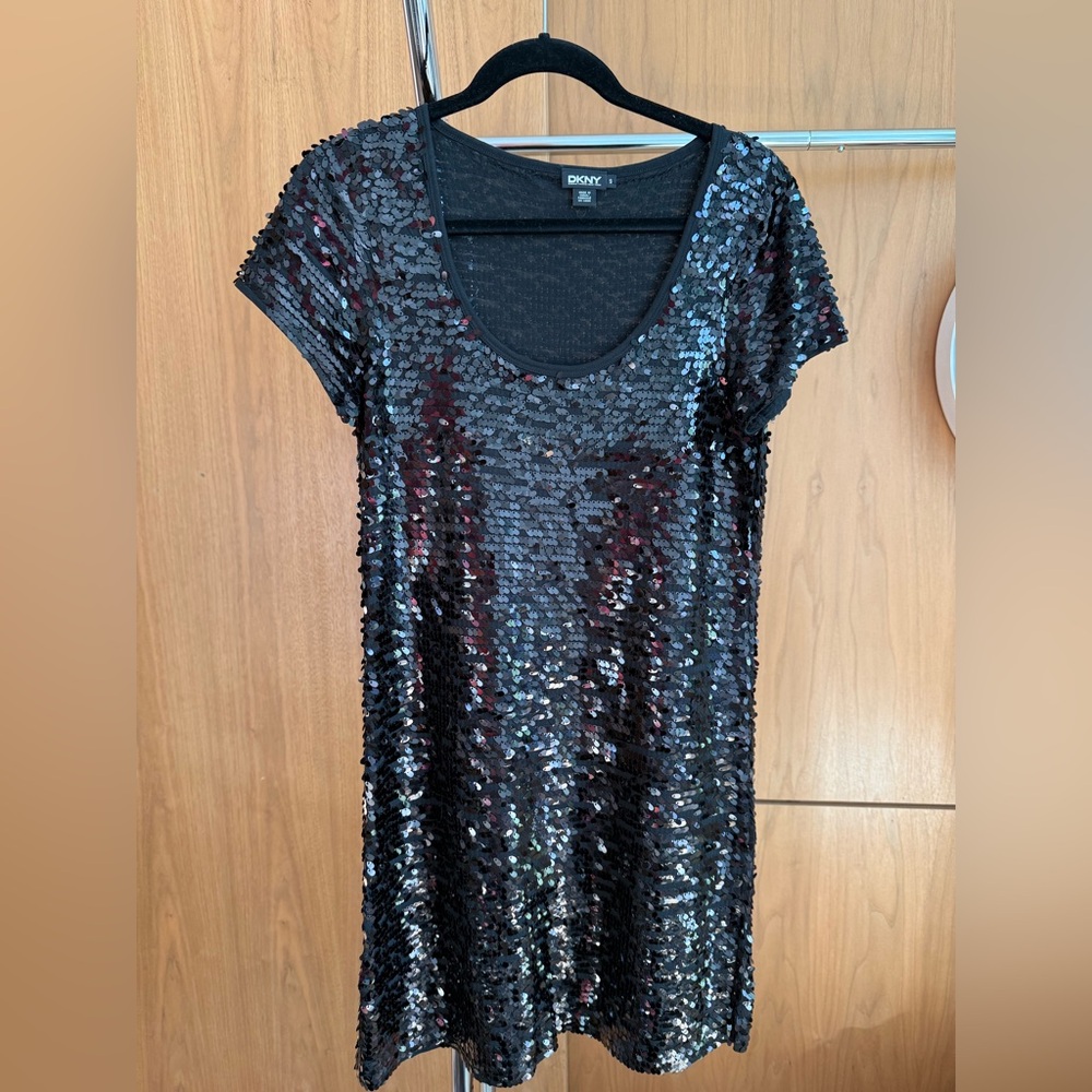 Pre-Loved DKNY Black Sequin Scoop Neck Dress in Size Small